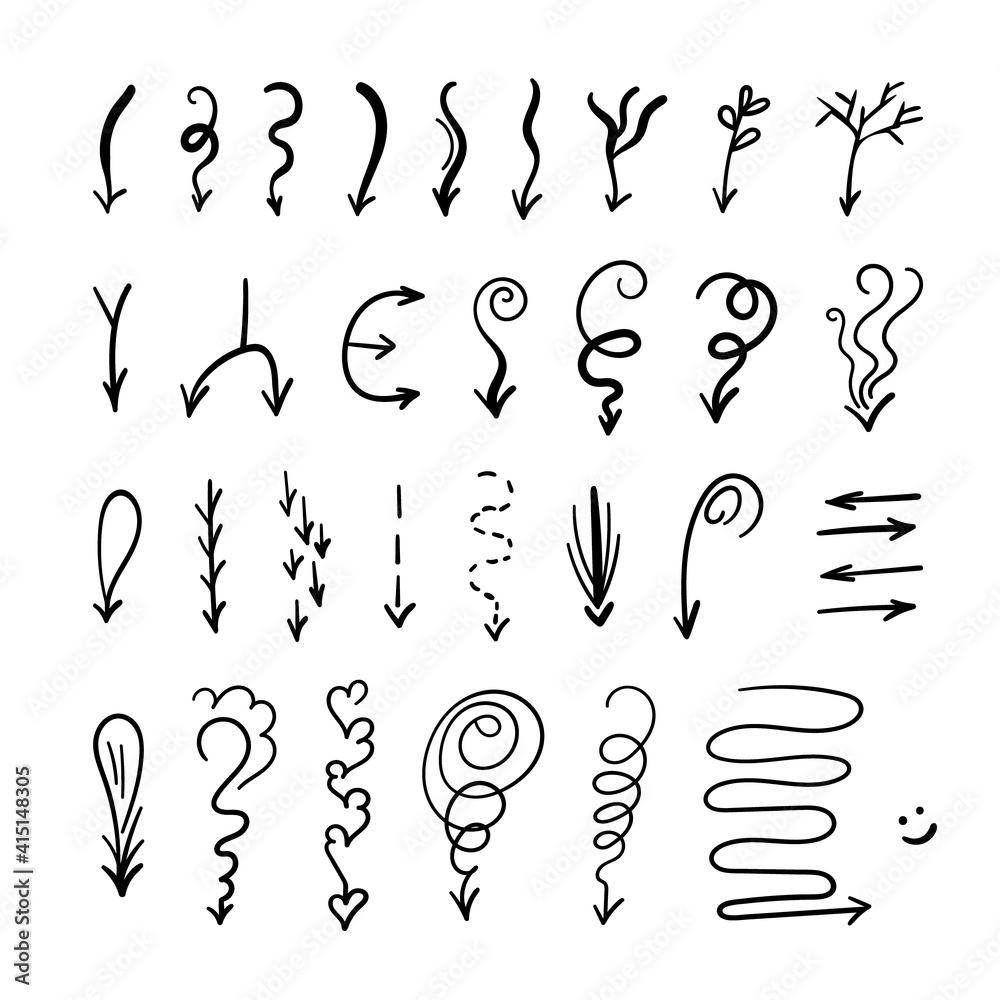 Set of arrows.Hand drawn shapes.Simple vector logos.Direction indicators, pointers and scroll elements.Collection of various doodle arrows.Isolated on white background. Vector illustration Set of arrows.Hand drawn shapes.Simple vector logos.Direction indicators, pointers and scroll elements.Collection of various doodle arrows.Isolated on white background. Vector illustration