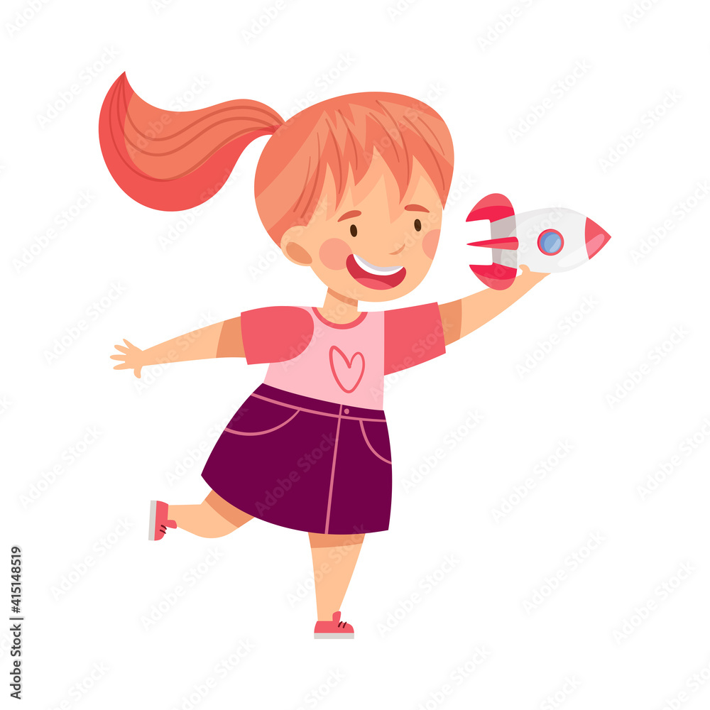Cute Redhead Girl Playing with Toy Spacecraft Vector Illustration Cute Redhead Girl Playing with Toy Spacecraft Vector Illustration