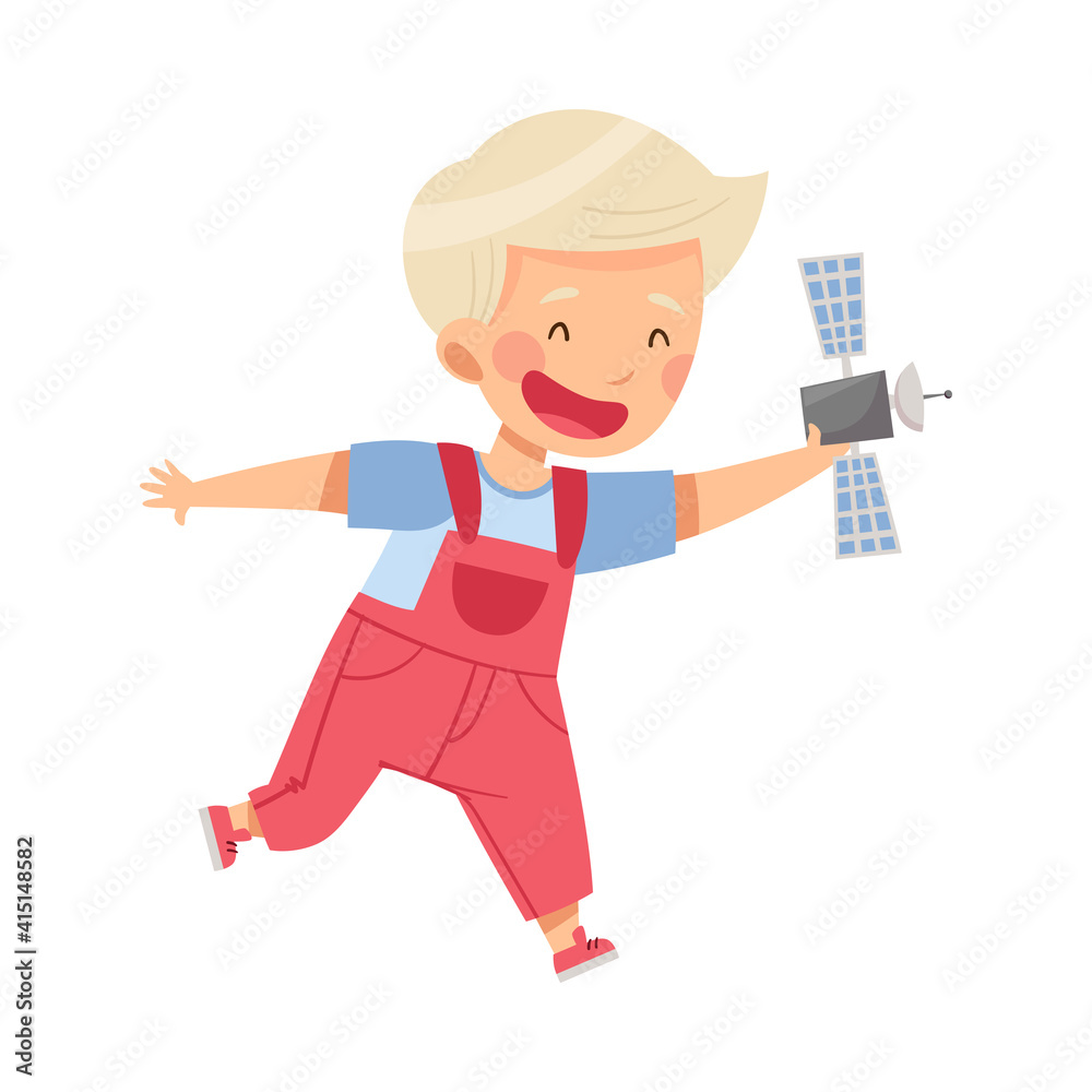 Cute Blond Boy Playing with Toy Spacecraft Vector Illustration Cute Blond Boy Playing with Toy Spacecraft Vector Illustration
