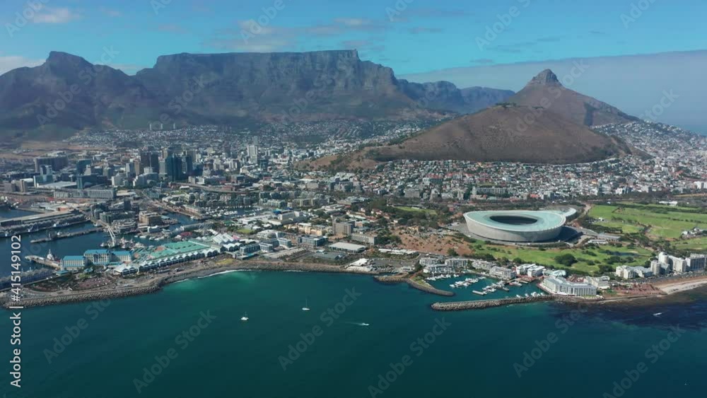 Covid-19 Lockdown Empty football stadium Aerial in Cape Town South Africa.
