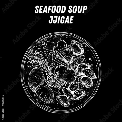 Seafood soup Sundubu jjigae sketch, korean food. Hand drawn vector illustration. Sketch style. Top view. Vintage vector illustration.