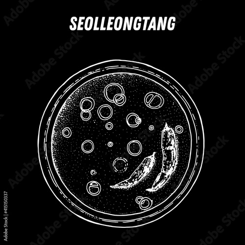 Seolleongtang sketch, korean food. Hand drawn vector illustration. Sketch style. Top view. Vintage vector illustration.