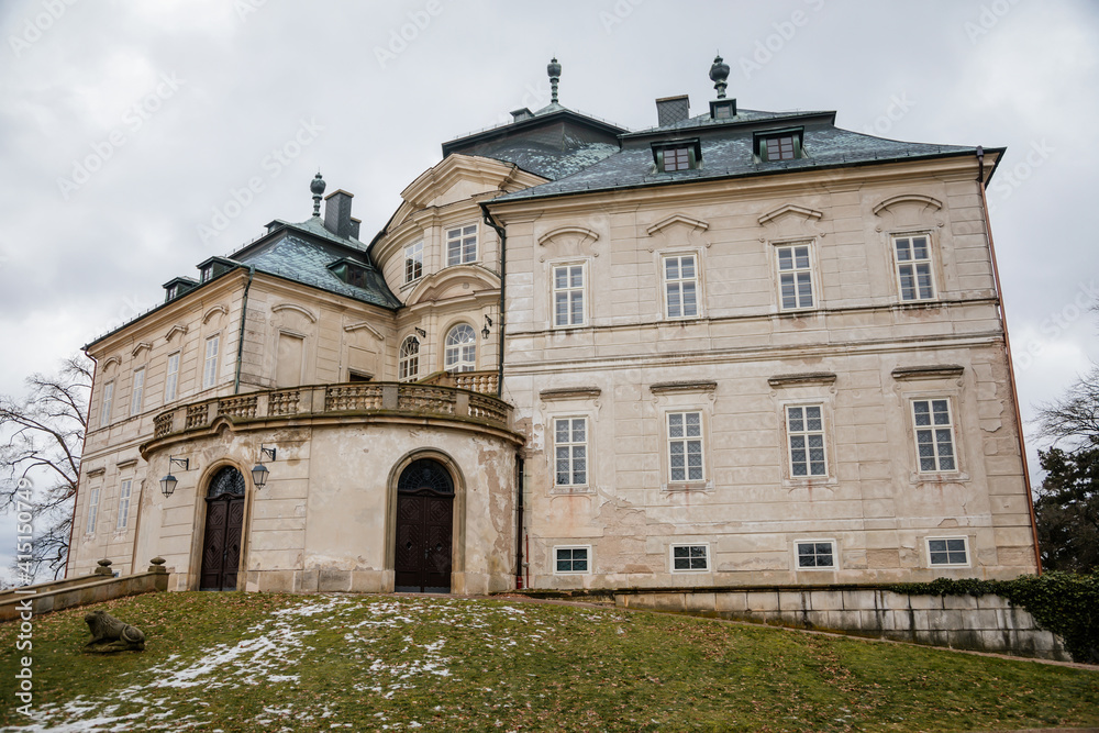 Representative castle Charles's Crown or Karlova Koruna, Baroque chateaus with beautiful gardens, historical palace in winter day, Chlumec nad Cidlinou, Czech Republic