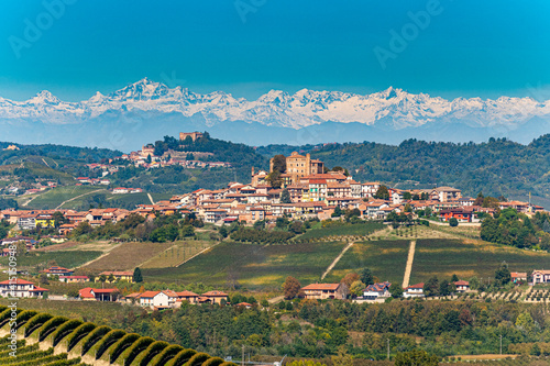 Vineyards with the Alps behind, Barolo wine region, Piedmont photo