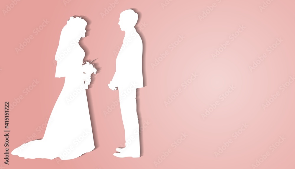 Vector silhouette of a bride and groom who holds a bouquet of flowers. The couple is looking at each other Vector silhouette of a bride and groom who holds a bouquet of flowers. The couple is looking at each other