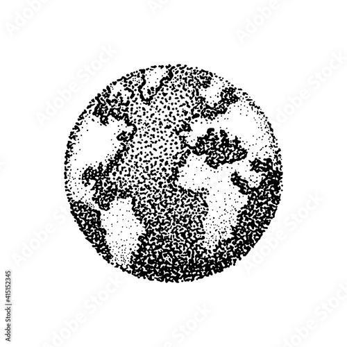 Ink stippling drawing of planet Earth. Vector illustration of dots in pointillism style