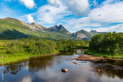 Beautiful river in the mountains of Andenes, Senja scenic road photo