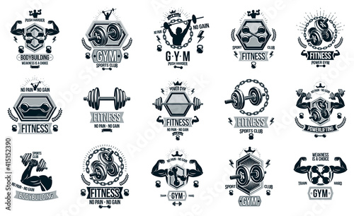 Gym fitness sport emblems and logos vector set isolated with barbells dumbbells kettlebells and muscle body man silhouettes and hands, athletics workout sport club, active lifestyle.