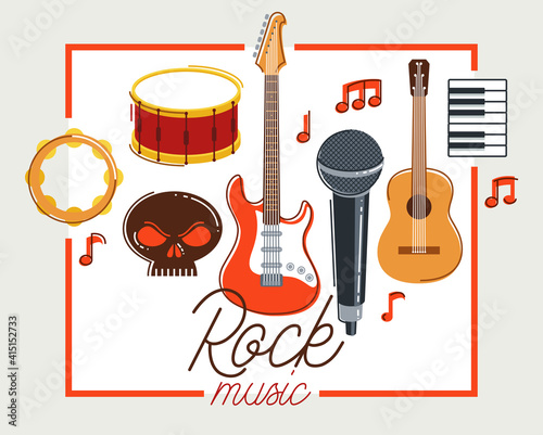 Rock music band vector poster flat illustration isolated over white background, hard rock and heavy metal live sound festival or concert flyer or advertising banner, rock n roll musical band playing.