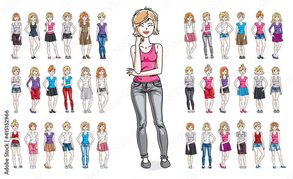 Women in casual wear vector illustrations isolated on white background big set, attractive adult girls beautiful and slim curvy body cute characters standing full length, gorgeous diverse females.