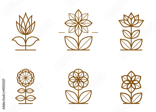 Geometric linear style vector flower logos or emblems set, sacred geometry floral symbols line drawing emblems collection, blossoming flower hotel or boutique or jewelry logotypes.