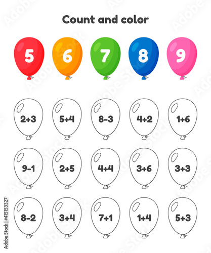 Coloring book number for kids. Worksheet for preschool, kindergarten and school age. Addition and subtraction. Count and color. Balloons.