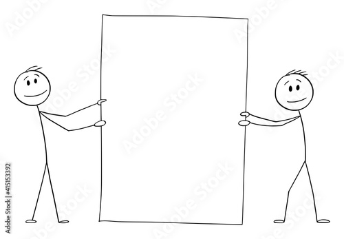 Two men or businessmen holding empty paper, vector cartoon stick figure or character illustration.