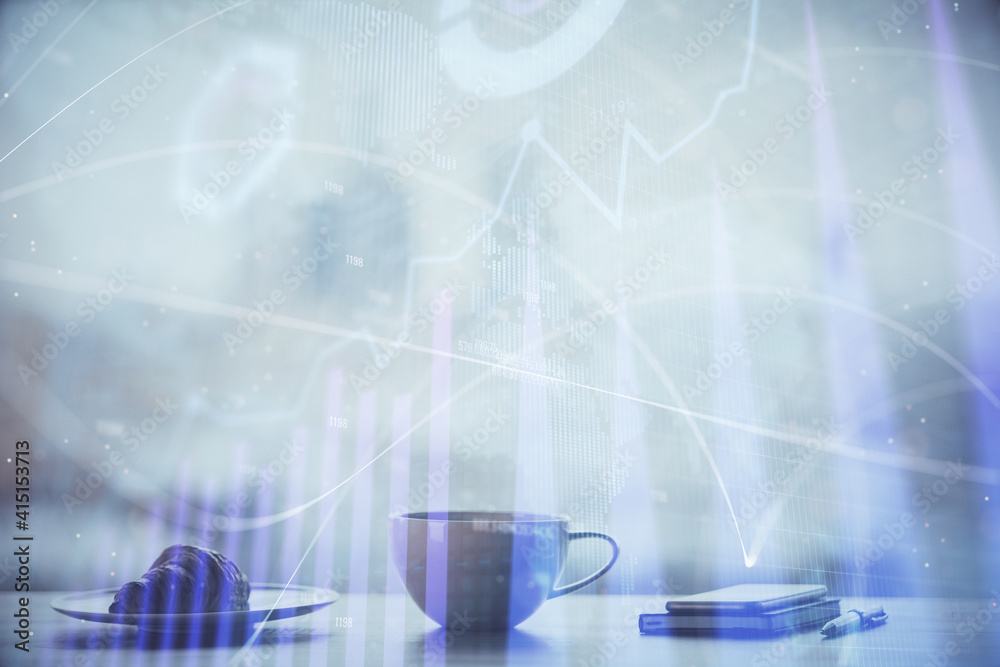 Double exposure of forex chart over coffee cup background in office. Concept of financial analysis and success. Double exposure of forex chart over coffee cup background in office. Concept of financial analysis and success.