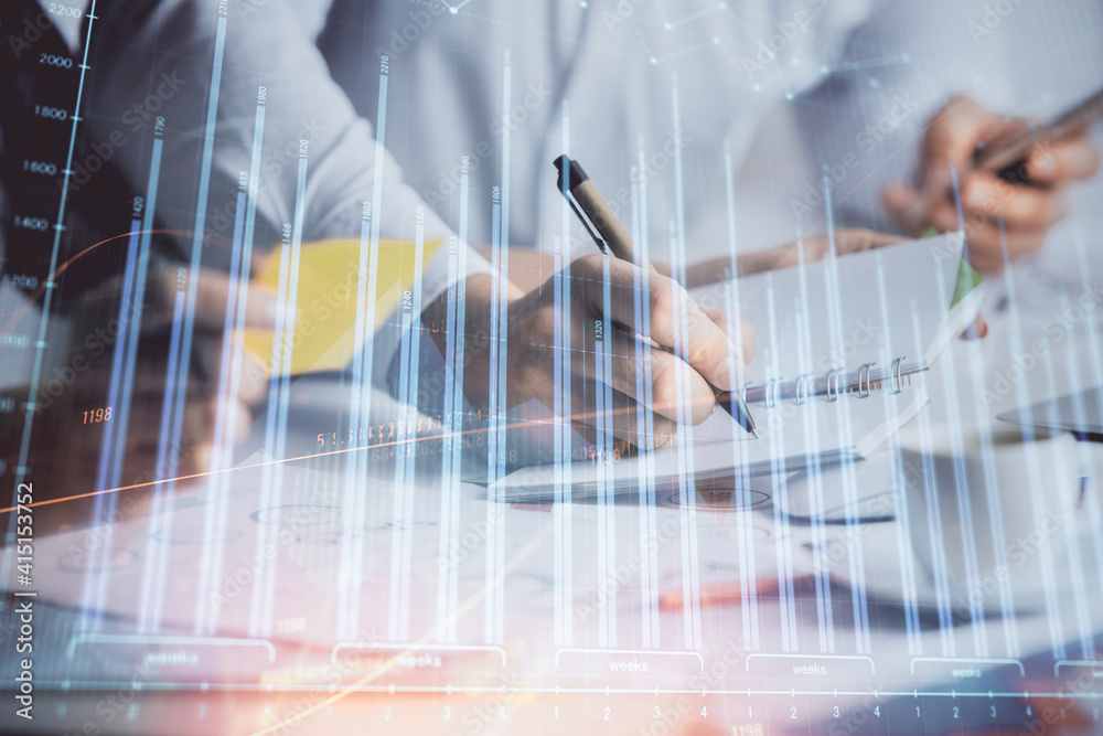Double exposure of forex graph drawing over people taking notes background. Concept of financial analysis Double exposure of forex graph drawing over people taking notes background. Concept of financial analysis
