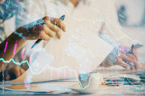 Wallpaper Mural Double exposure of forex graph drawing over people taking notes background. Concept of financial analysis Torontodigital.ca