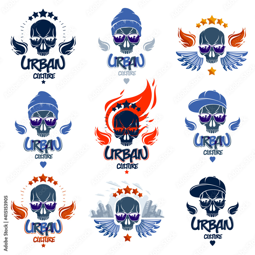 Fototapeta premium Skull in sunglasses and hat, urban theme vector logos or emblems set, gangster or thug illustrations, anarchy chaos hooligan, ghetto theme.