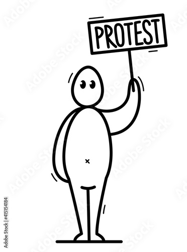 Funny cartoon man showing protest banner in raised hand vector flat style illustration isolated on white, social rage and political revolution concept.