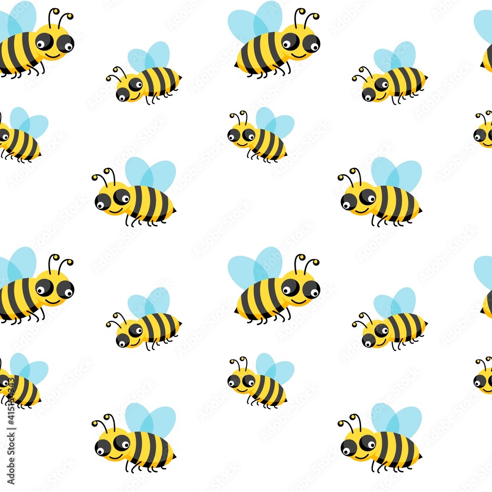 Bee seamless pattern isolated on white background. Vector flat illustration. Design for wallpaper, wrapping, backdrop, textile, fabric Bee seamless pattern isolated on white background. Vector flat illustration. Design for wallpaper, wrapping, backdrop, textile, fabric