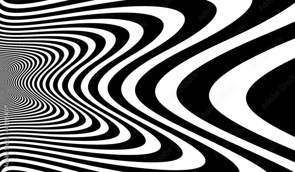 Αυτοκόλλητο Op art distorted perspective black and white lines in 3D motion abstract vector background, optical illusion insane linear pattern, artistic psychedelic illustration