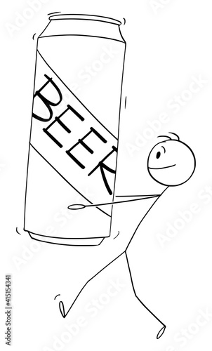 Man carrying big beer can, vector cartoon stick figure or character illustration.