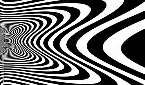 Op art distorted perspective black and white lines in 3D motion abstract vector background, optical illusion insane linear pattern, artistic psychedelic illustration.