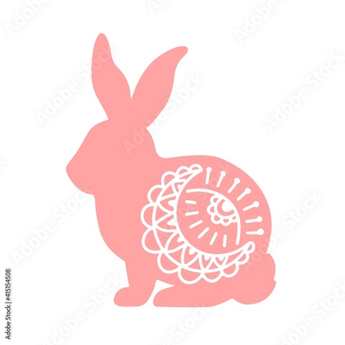 Hand drawn pink silhouette Easter bunny with decorative element isolated on white background. Vector flat illustration. Design for invitation card, flyer, logo, textile  print