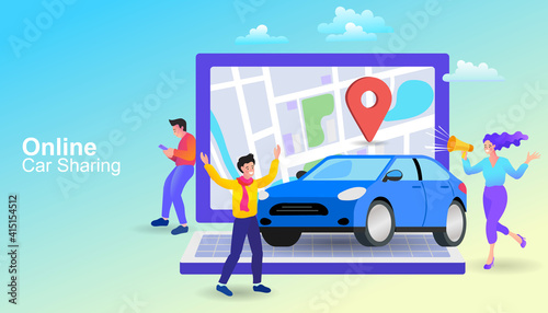 Online ordering taxi car, rent and sharing using service mobile application. Urban taxi service. Flat vector illustration.