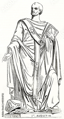 Old engraved reproduction of a statue portraying Saint Augustine of Hippo (354 – 430), Christian theologian and philosopher. After Etex, published on Magasin Pittoresque, Paris, 1838