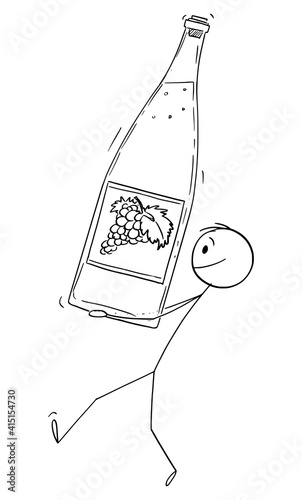 Man carrying big wine bottle, vector cartoon stick figure or character illustration.