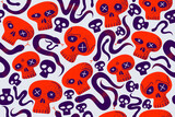 Skulls and snakes seamless textile pattern, horror sculls and serpents endless wallpaper background, cartoon style, death and heavy metal culture music fashion theme.