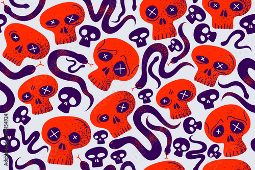 Skulls and snakes seamless textile pattern, horror sculls and serpents endless wallpaper background, cartoon style, death and heavy metal culture music fashion theme.