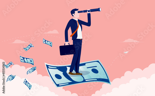 Searching money opportunity - Salesperson standing on money looking for clients and new income. Business and finance concept. Vector illustration.