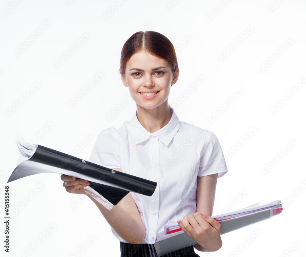 Business woman in white shirt documents manager office light background Business woman in white shirt documents manager office light background
