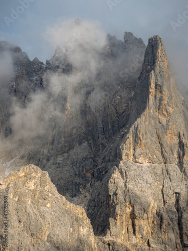 Peaks towering over Val Venegia seen from Passo Costazza. Pala group (Pale di San Martino) in the dolomites of Trentino, Italy. Pala is part of the UNESCO World Heritage Site.