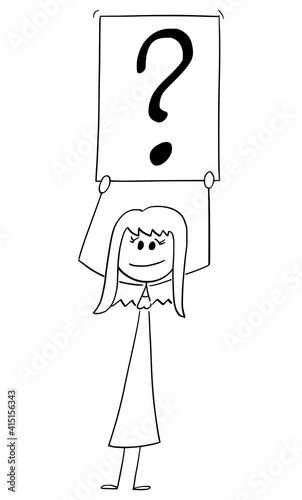 Businesswoman or woman asking question and holding question mark sign, vector cartoon stick figure or character illustration.