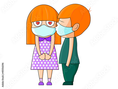 Boy kissing girl through protective mask. Coronavirus.