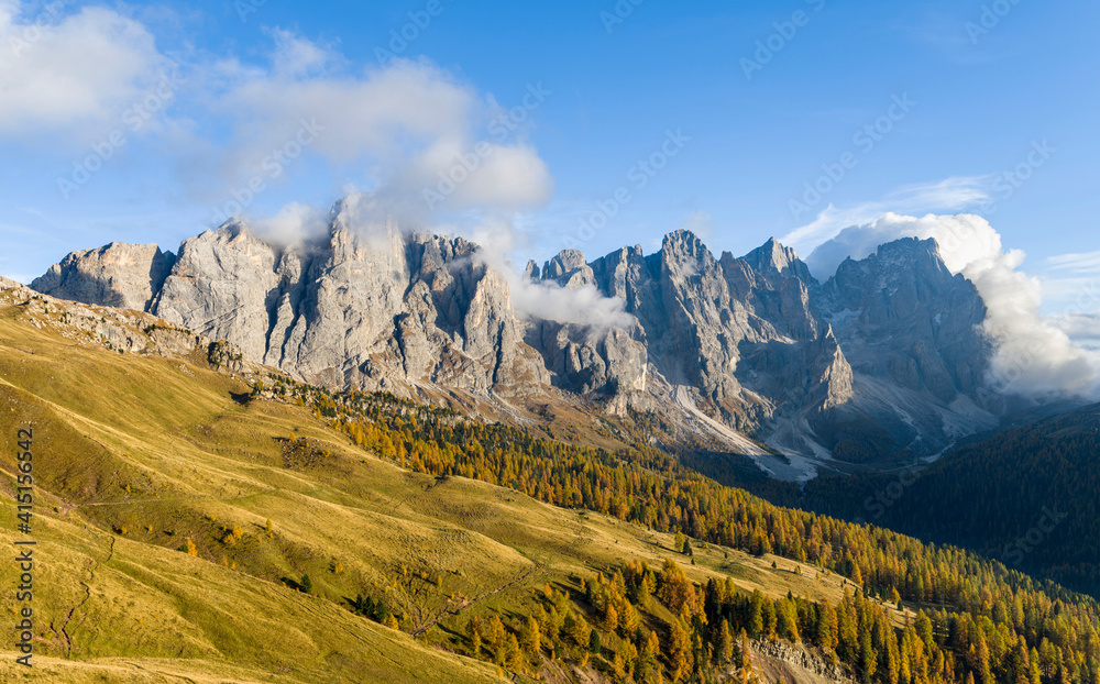 Cimon della Pala, Cima della Vezzana, Cima dei Bureloni. Peaks towering over Val Venegia in the dolomites of Trentino, Italy. Pala is part of the UNESCO World Heritage Site.