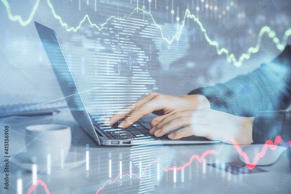 Double exposure of businesswoman hands typing on computer and forex graph hologram drawing. Financial analysis concept. Double exposure of businesswoman hands typing on computer and forex graph hologram drawing. Financial analysis concept.