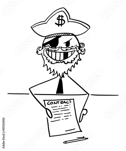 Pirate businessman with contract or agreement to sign , vector cartoon stick figure or character illustration.