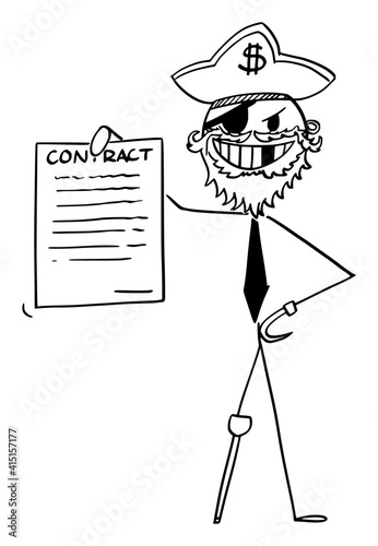 Pirate businessman with contract or agreement to sign , vector cartoon stick figure or character illustration.