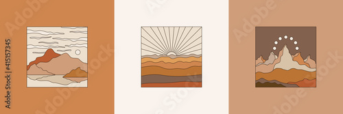 Vector illustration in simple line style - boho abstract print - simple natural landscape with mountains and hills