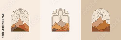 Vector illustration in simple line style - boho abstract print - simple natural landscape with mountains and hills