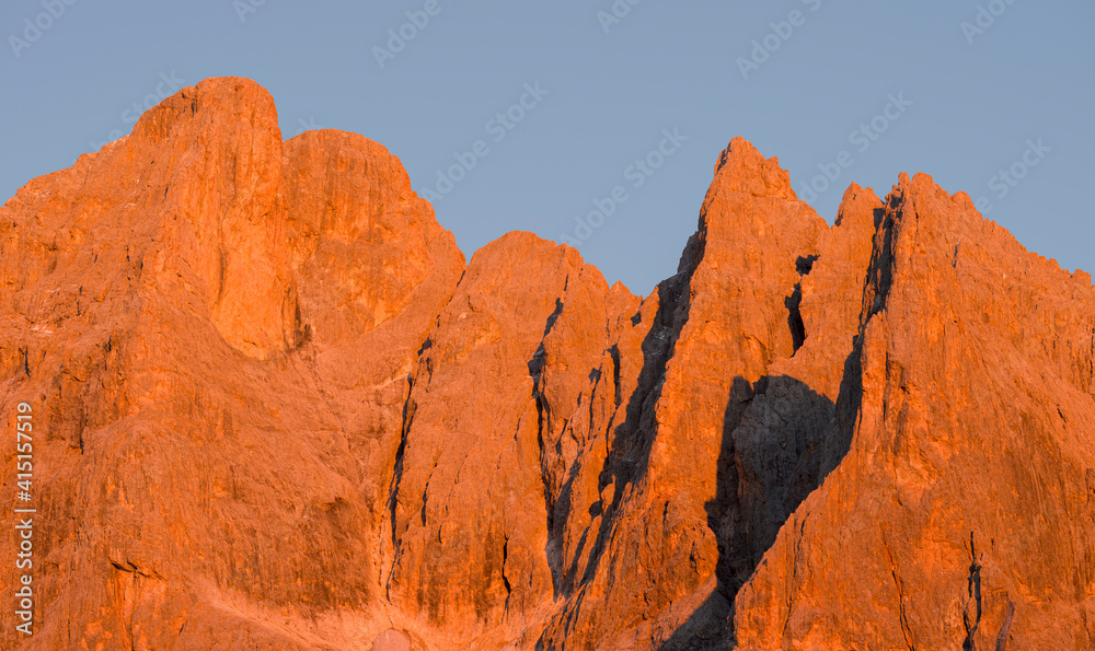 Cima dei Bureloni. Peaks towering over Val Venegia seen from Passo Costazza. Pala group (Pale di San Martino) in the dolomites of Trentino, Italy. Pala is part of the UNESCO World Heritage Site.