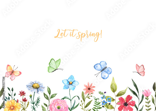 Summer wildflower meadow border illustration. Watercolor floral seamless bord...