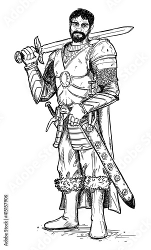 Fantasy warrior or knight with sword and armor, vector drawing or illustration.
