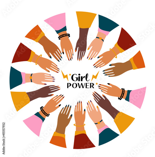 International Women s Day 8 March. Feminism female hands together greeting card. Girls power. Fight for freedom, independence, equality. Vector illustration.
