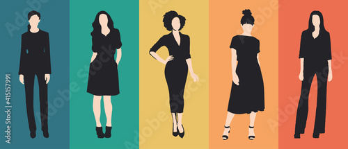 Young women posing, moderd times working girl silhouette vector set