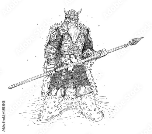 Fantasy warrior or knight with spear and armor, vector drawing or illustration.