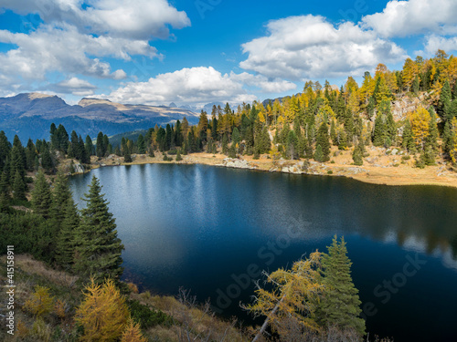 Lago del Colbricon in nature park Paneveggio in the dolomites of Trentino, part of the UNESCO World Heritage Site.